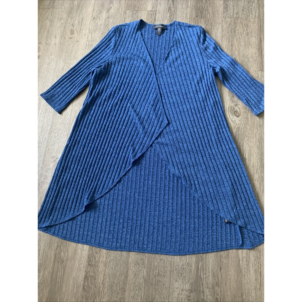 R&M Richards Women Blue Ribbed Metallic Open Front Cardigan Size 14